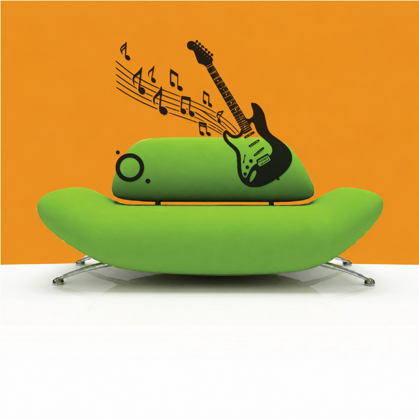 Green mirrored electric guitar with sweeping music notes and orbit dot halo