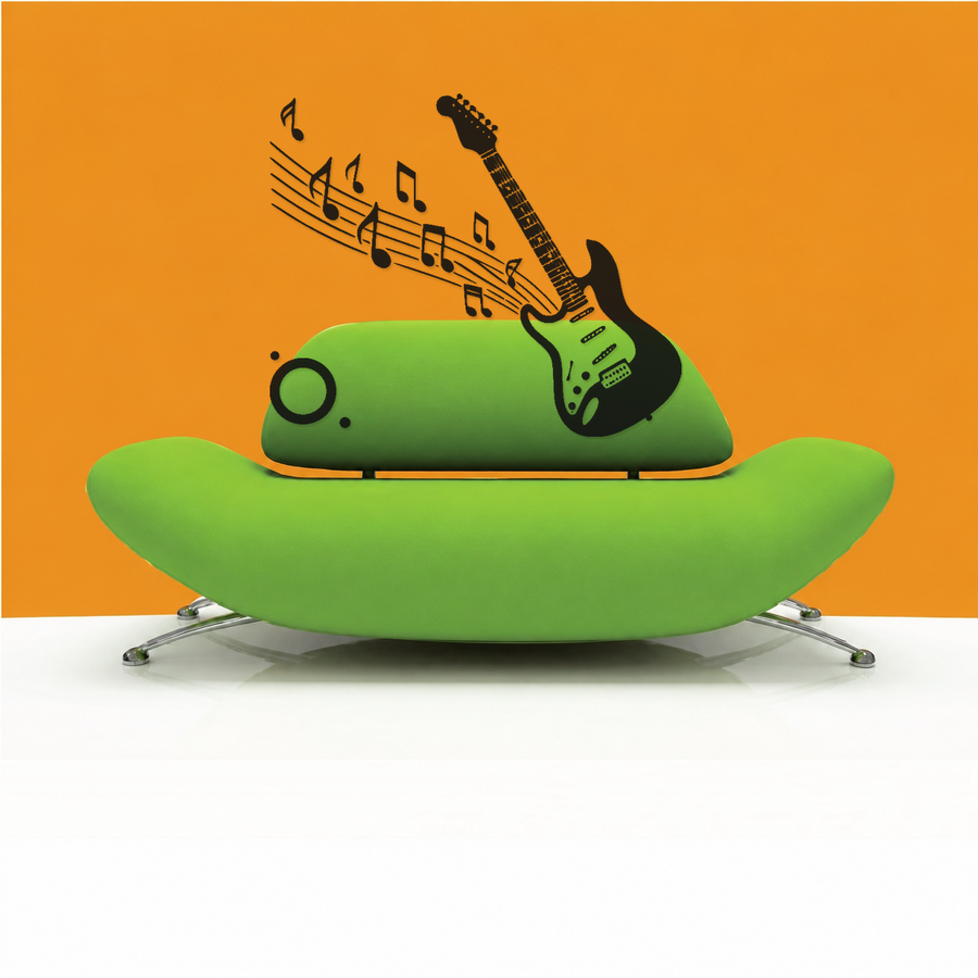 Green mirrored electric guitar with sweeping music notes and orbit dot halo