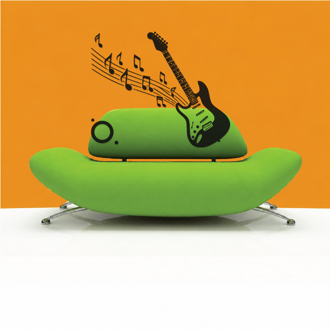 Green mirrored electric guitar with sweeping music notes and orbit dot halo