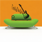 Green mirrored electric guitar with sweeping music notes and orbit dot halo