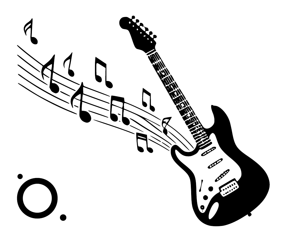 Black and white mirrored electric guitar with sweeping music notes and dot halo ring