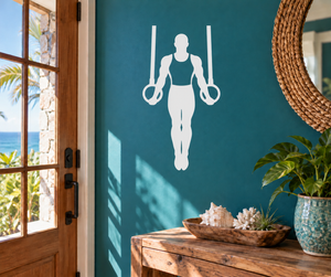 Gymnastics ring support vinyl decal with white silhouette and rings