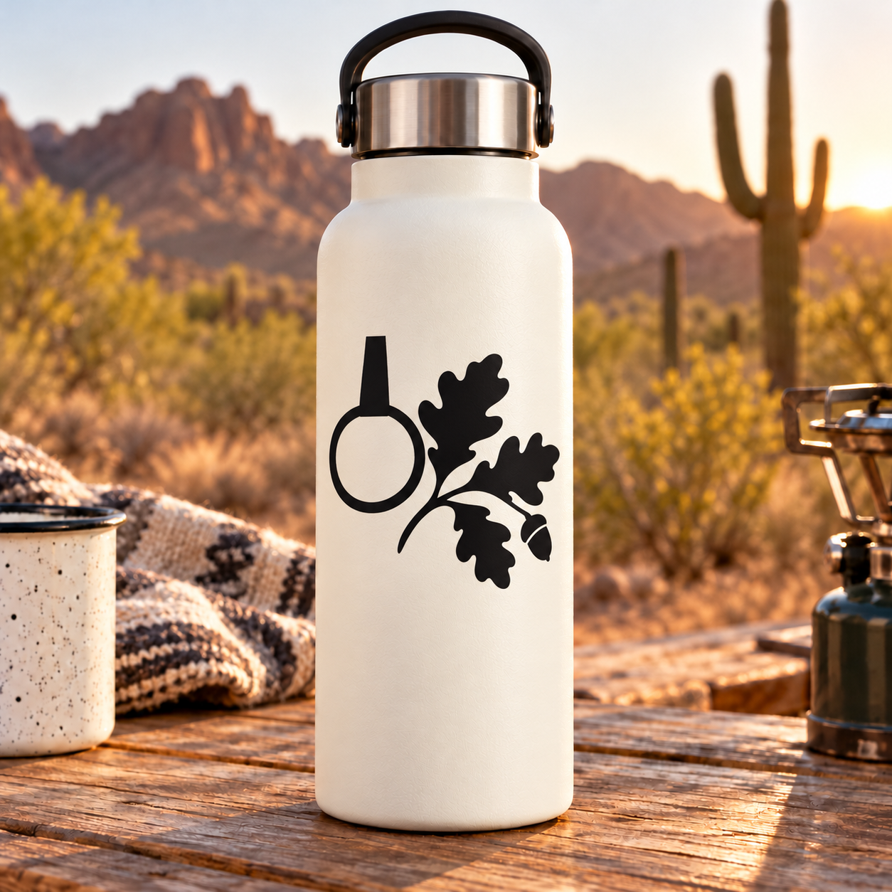 Black gymnastics ring and oak leaf vinyl decal on white water bottle