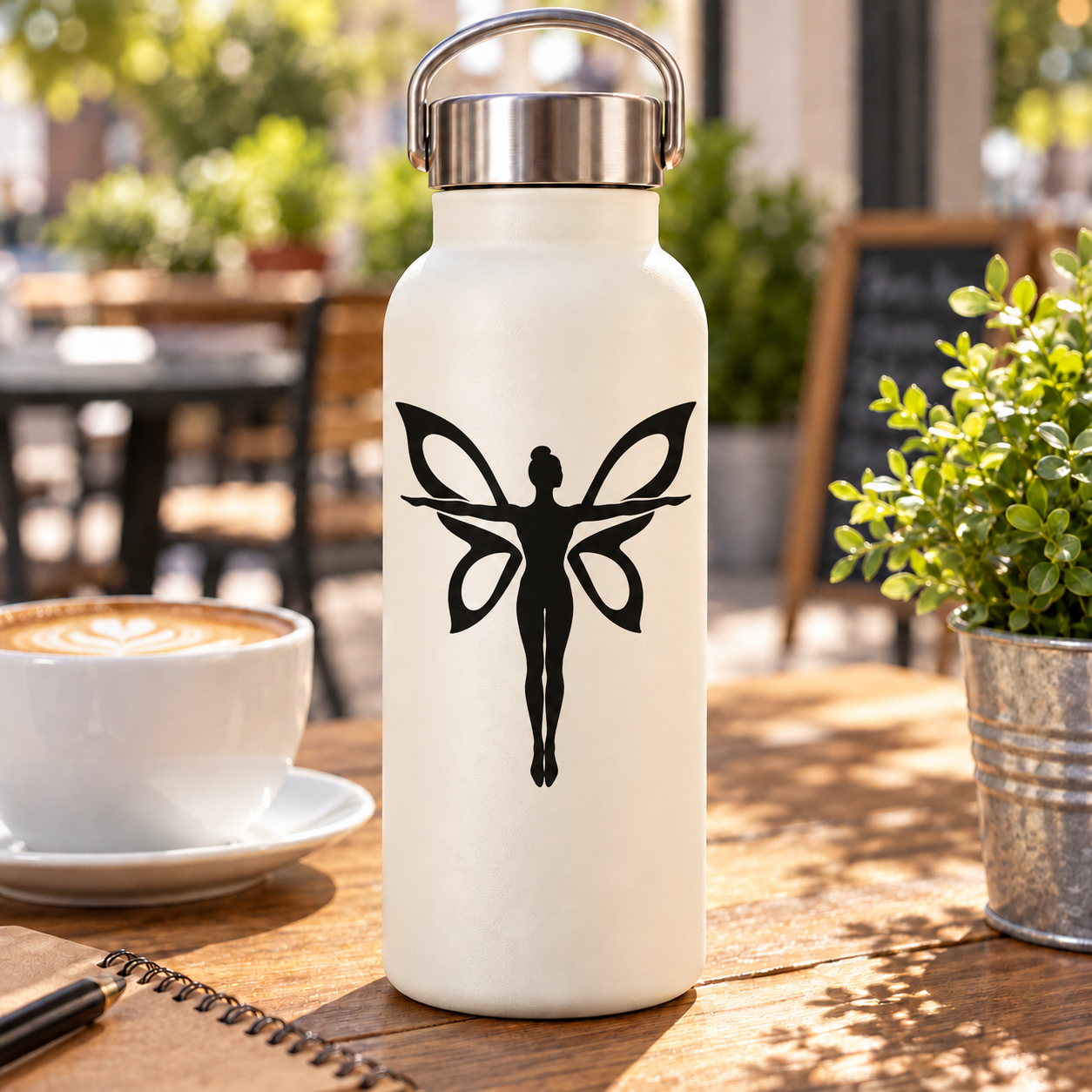 Gymnastics butterfly vinyl decal on white water bottle, black silhouette of dancer