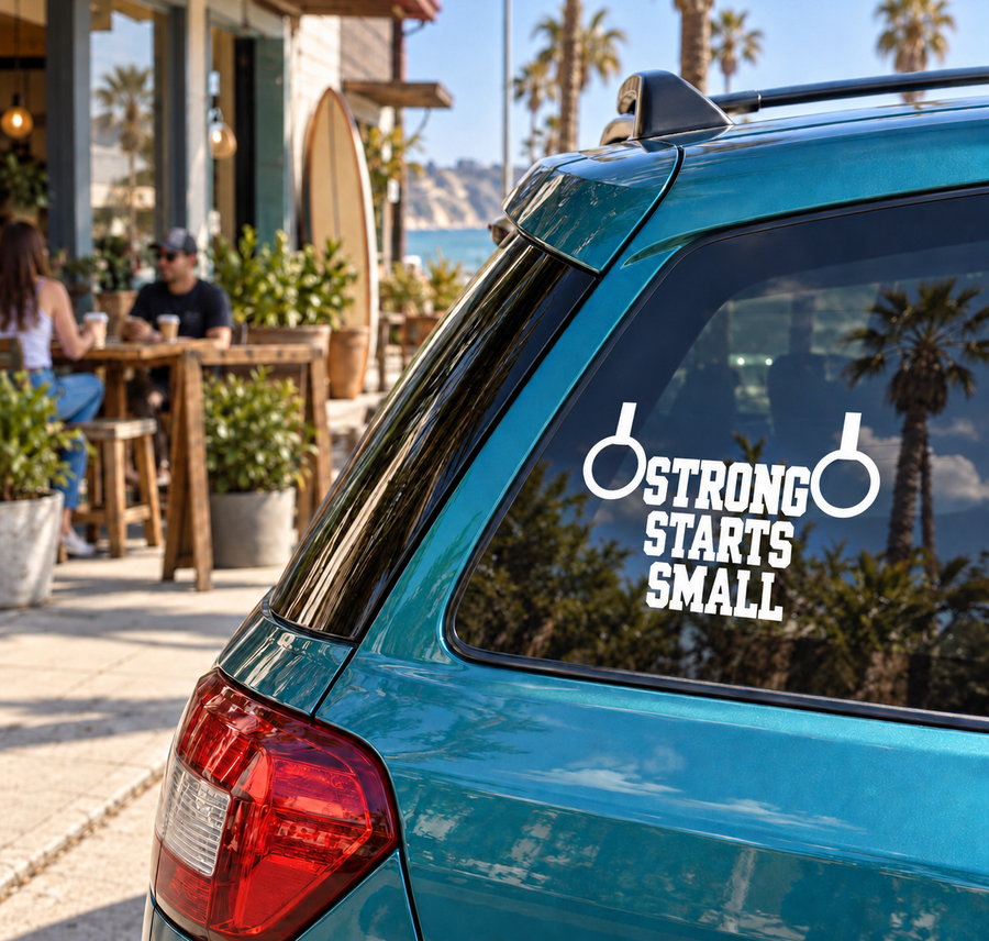 Small vinyl decal: “Strong Starts Small” with two circle icons on blue window