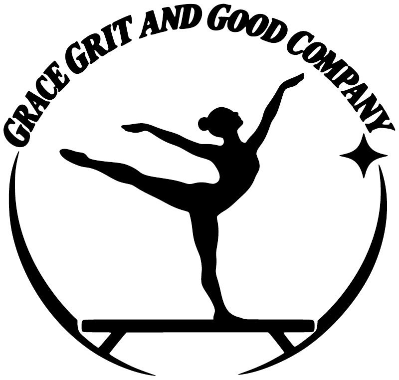 Circular gymnastics vinyl decal with Grace Grit and Good Company text and dancer silhouette