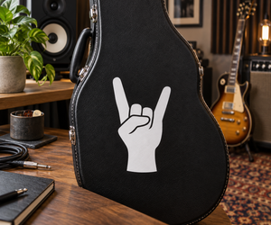 Rock On hand vinyl decal with white rock-sign hand on dark base