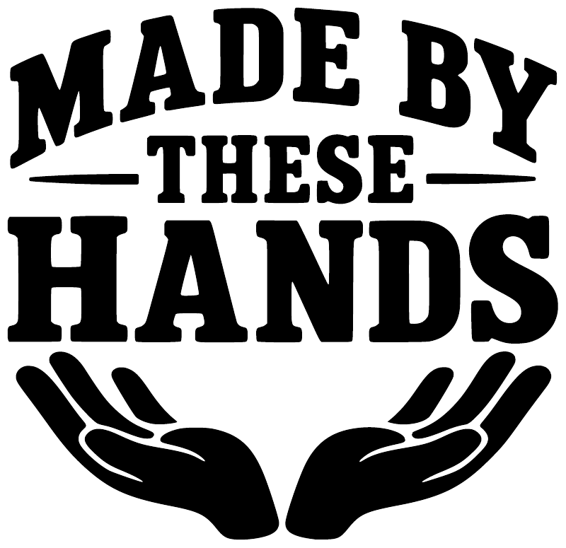 Black vinyl decal close-up: "MADE BY THESE HANDS" lettering with handprint icon.