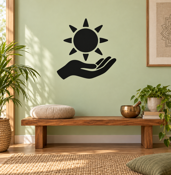 Open hand and sun vinyl wall decal, black silhouette graphic