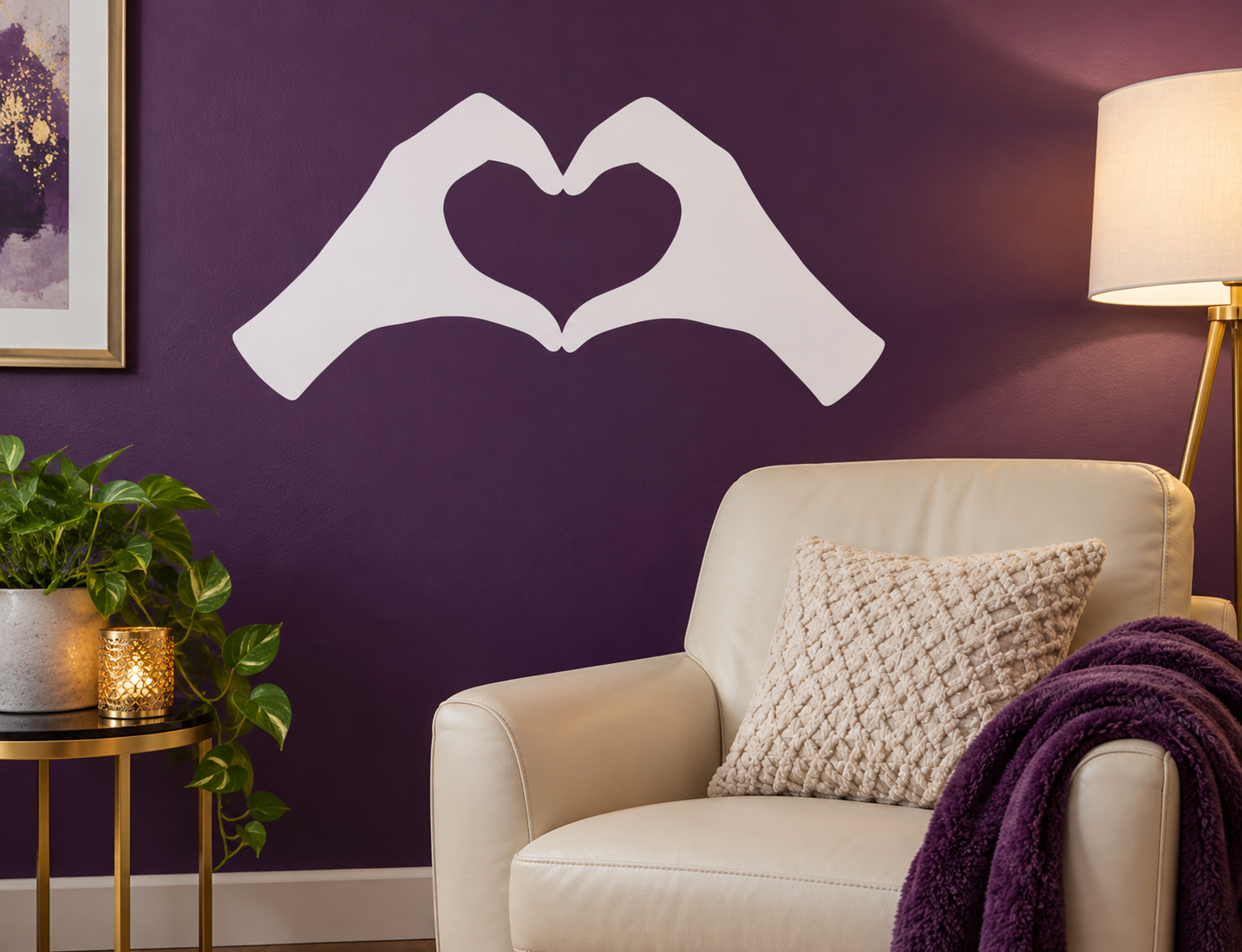 White heart-hands silhouette vinyl decal for wall, heart centered between hands