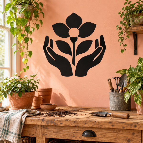Black vinyl wall decal of hands holding a flower with peach center