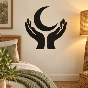 Vinyl decal of black hands holding a crescent moon, wall sticker silhouette