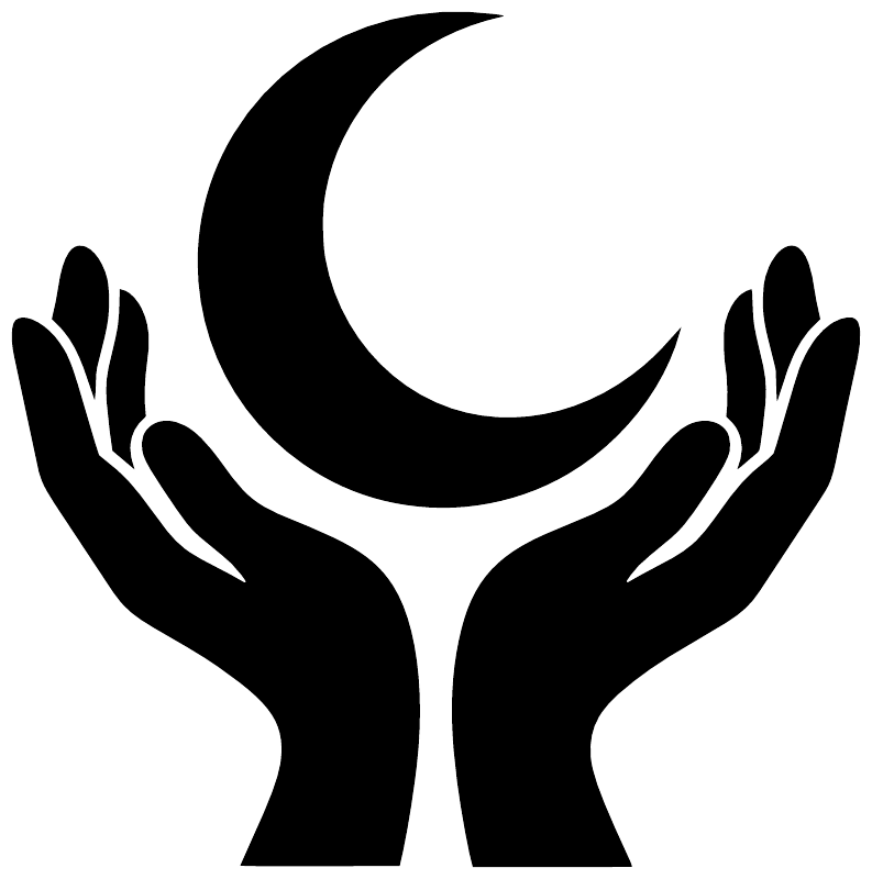 Vinyl decal of black hands framing a crescent moon, bold solid silhouette