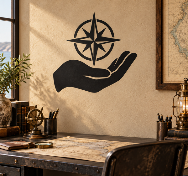 Compass star vinyl decal of a black hand holding a compass on a wall