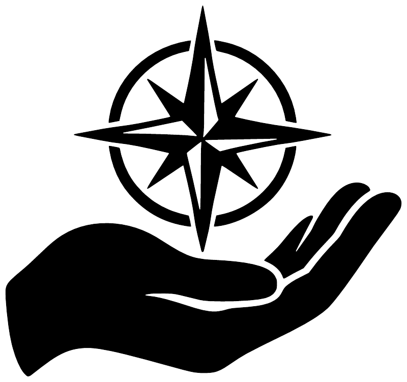 Black hand compass star vinyl decal, close-up of star and raised compass needle