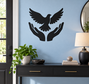 Black bird silhouette with open hands vinyl wall decal