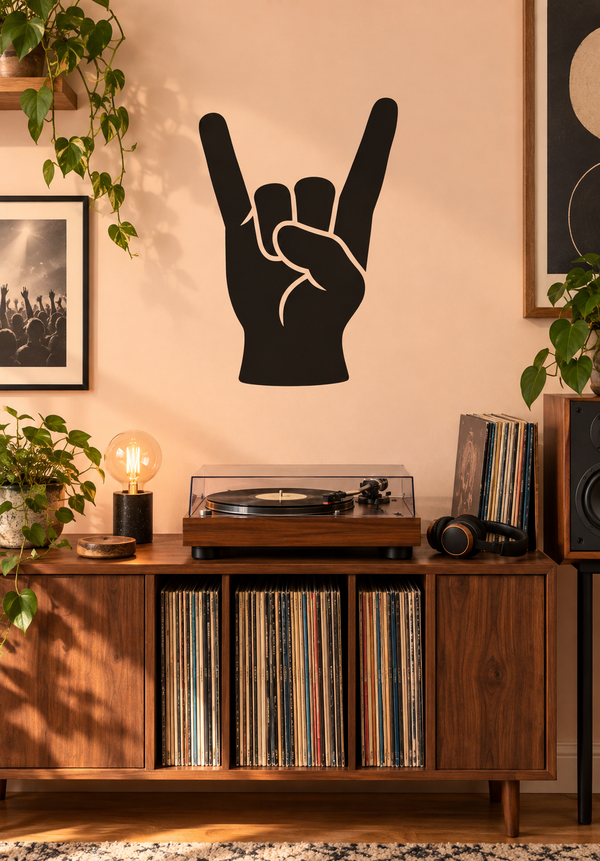 Rock hand gesture vinyl decal, black hand with white outline and finger shapes