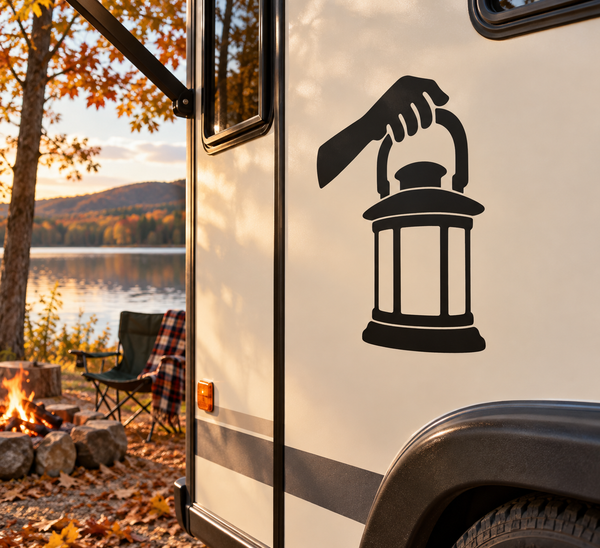 Black vinyl decal of a hand holding a lantern with flame