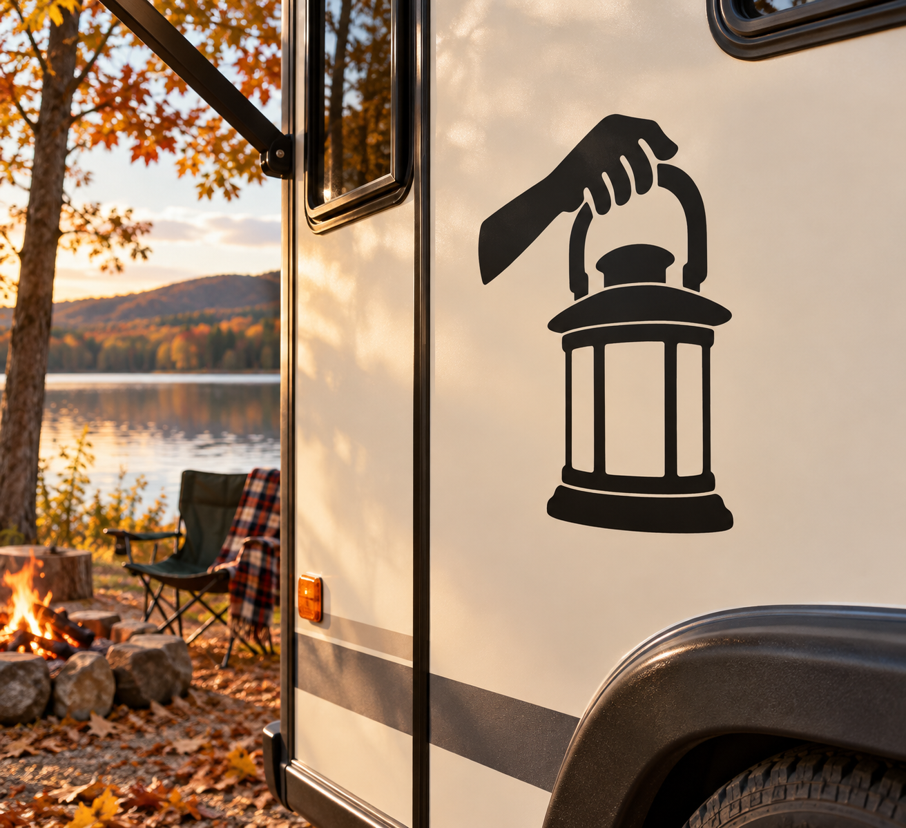Black vinyl decal of a hand holding a lantern with flame