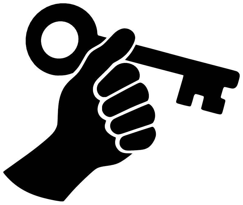 Black hand holding key vinyl decal, close-up silhouette