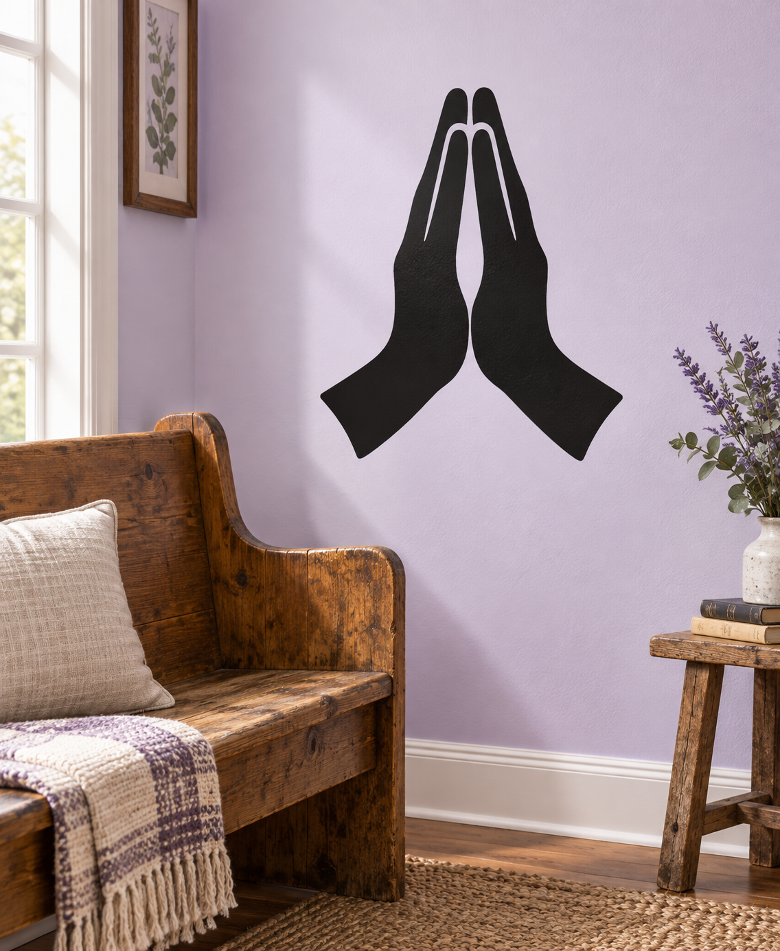 Hands in prayer silhouette vinyl decal, black kneeling hands design on wall