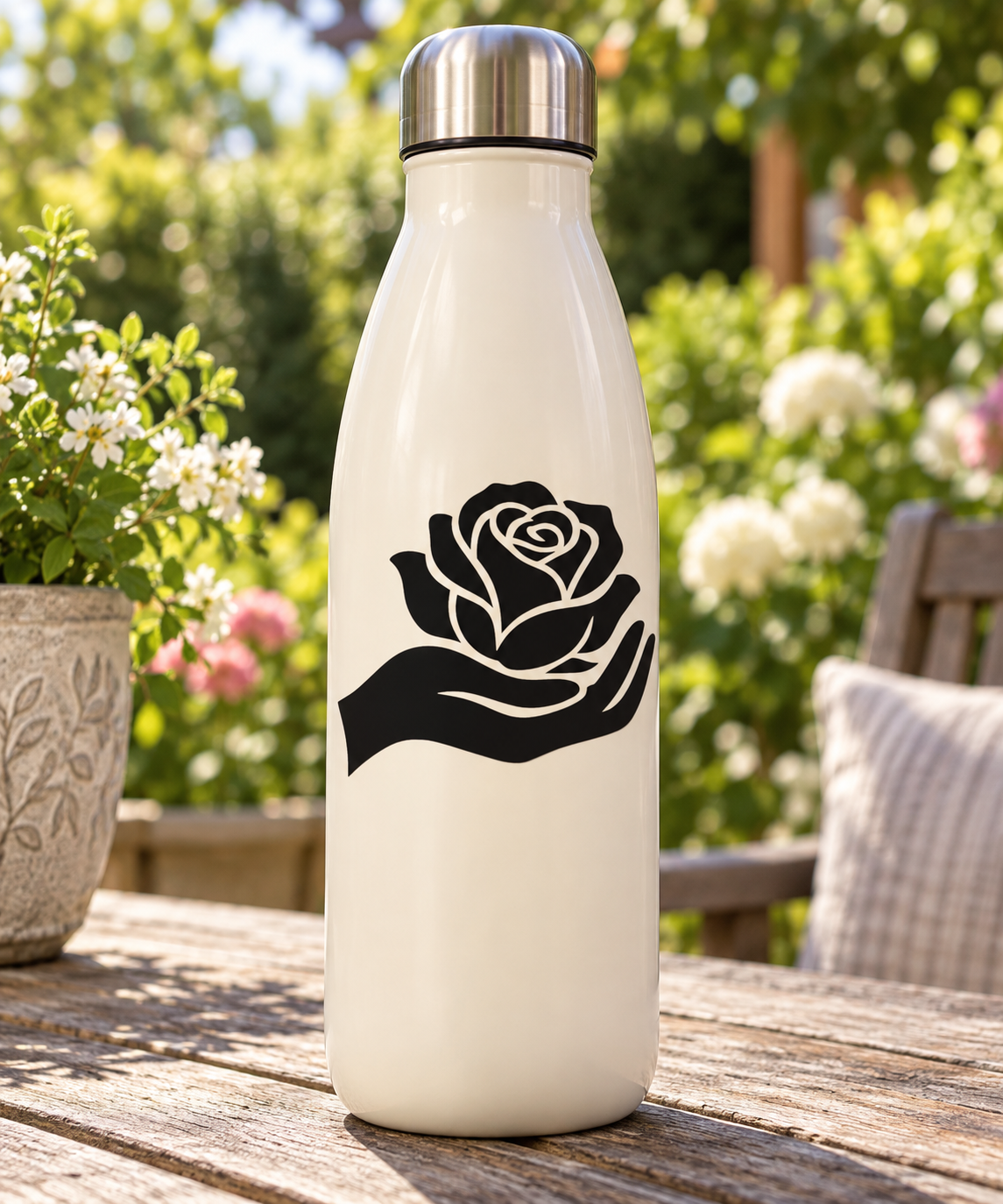 Hand-holding rose vinyl decal, black with white outline