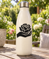 Hand-holding rose vinyl decal, black with white outline
