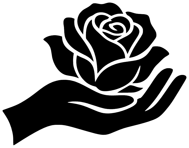 Hand-holding rose decal silhouette, black with white outline