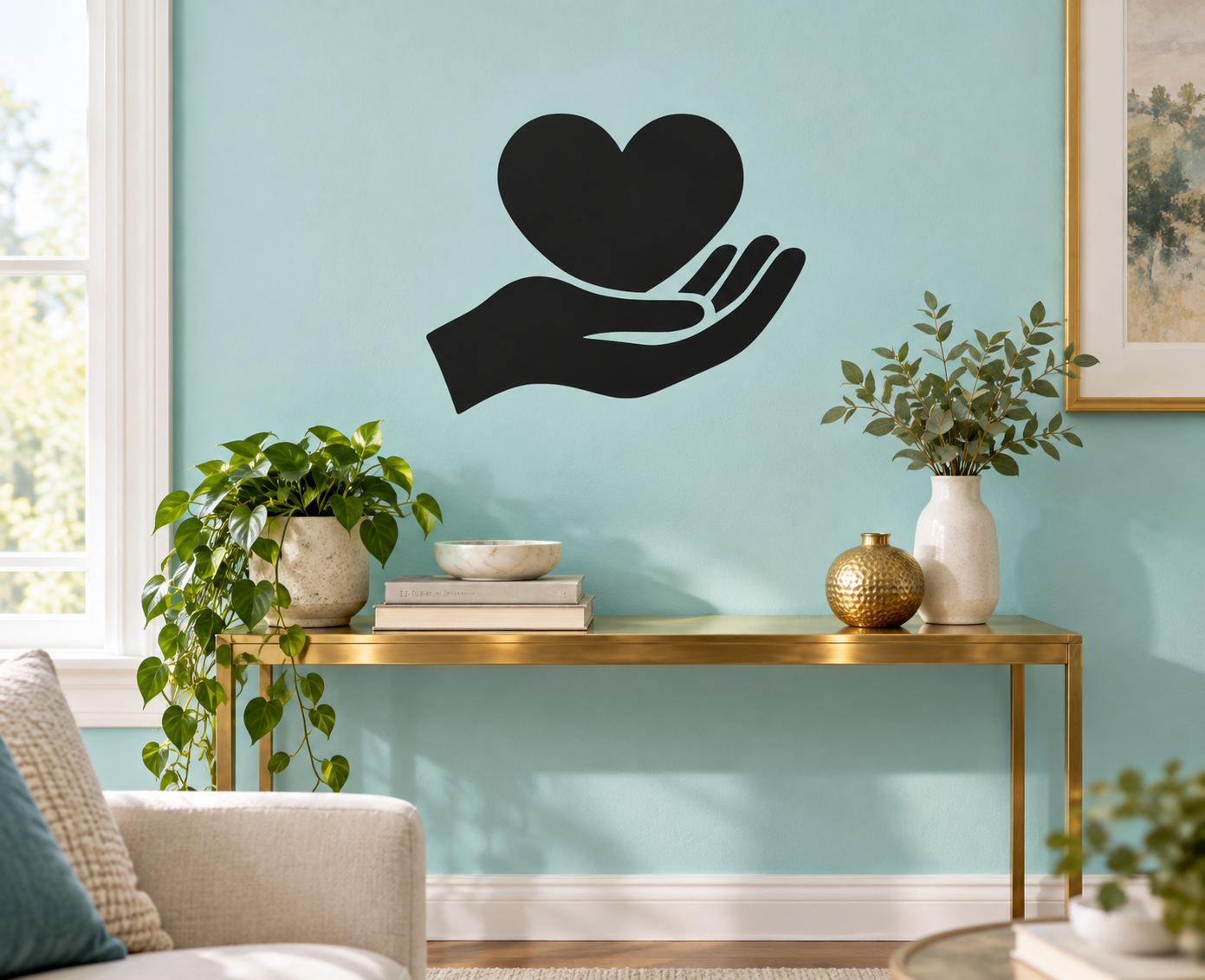 Black hand holding heart vinyl wall decal for home decor