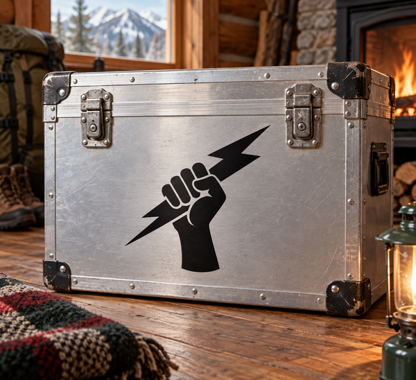 Black hand and lightning bolt vinyl decal graphic on a metal case