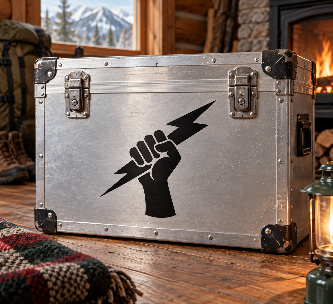 Black hand and lightning bolt vinyl decal graphic on a metal case
