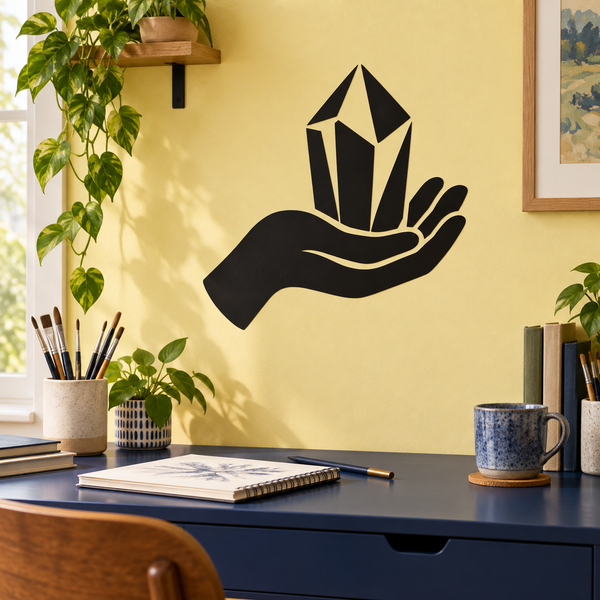 Hand holding crystal vinyl decal, black hand with white crystal on wall