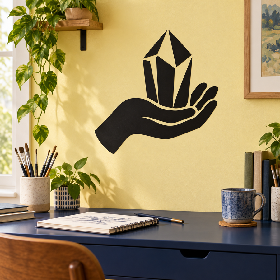 Hand holding crystal vinyl decal, black hand with white crystal on wall