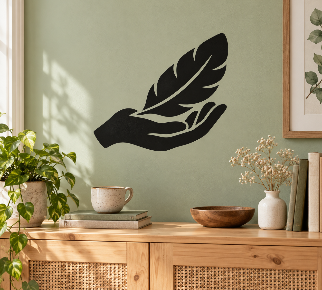 Black vinyl decal of a hand holding a feather