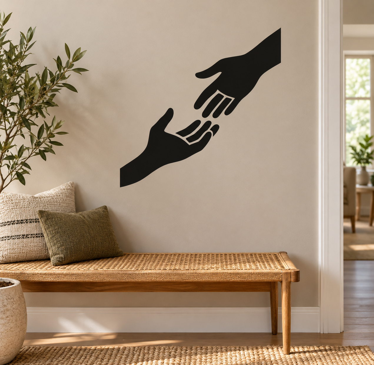 Black silhouette hands vinyl wall decal, two overlapping hands design
