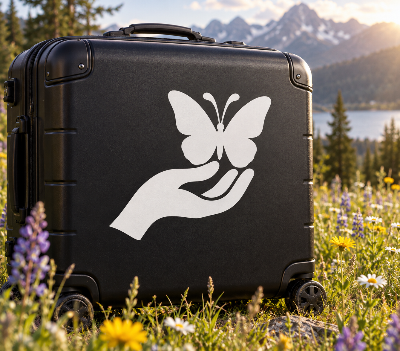 Vinyl decal of a hand holding a butterfly on a suitcase