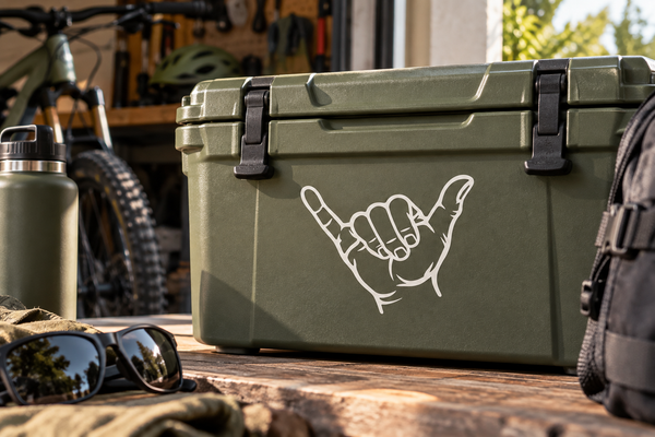 Hang loose hand vinyl decal on olive green cooler, white outline
