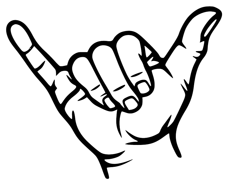 Hang loose hand vinyl decal with sweeping thumb and little finger, black outline
