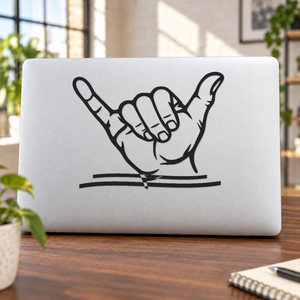 Outlined shaka hand decal with curved palm lines and twin wind swooshes, black on white