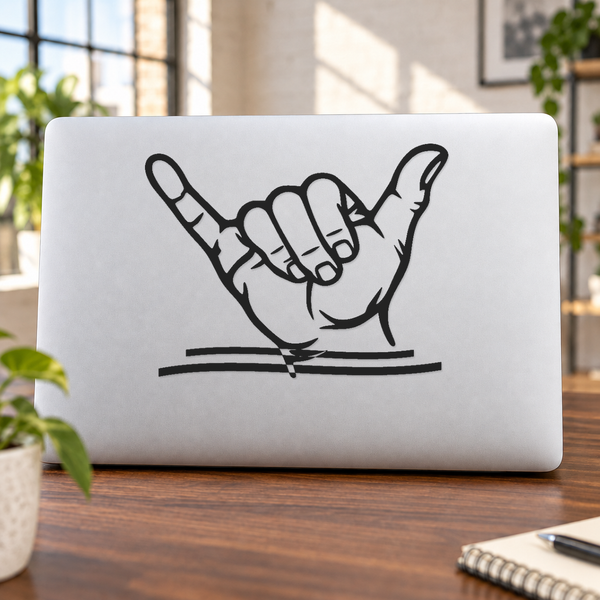 Outlined shaka hand decal with curved palm lines and twin wind swooshes, black on white