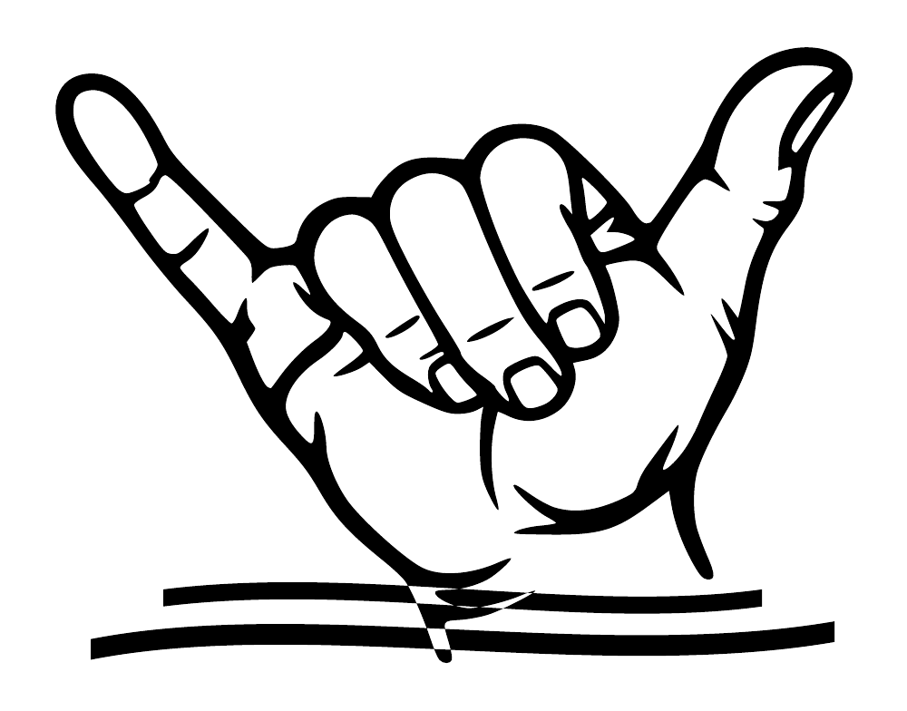 Black outlined shaka hand graphic with curved palm lines and twin wind swooshes on white