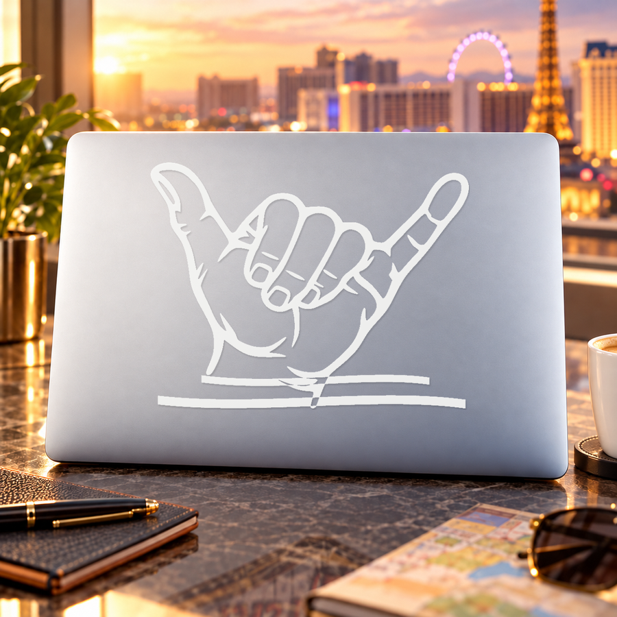 Matte laptop cover with mirrored outlined shaka hand graphic in white