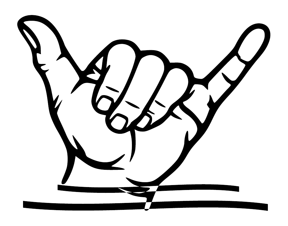 Mirrored outlined shaka hand graphic with curved palm lines, black on white