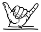 Mirrored outlined shaka hand graphic with curved palm lines, black on white