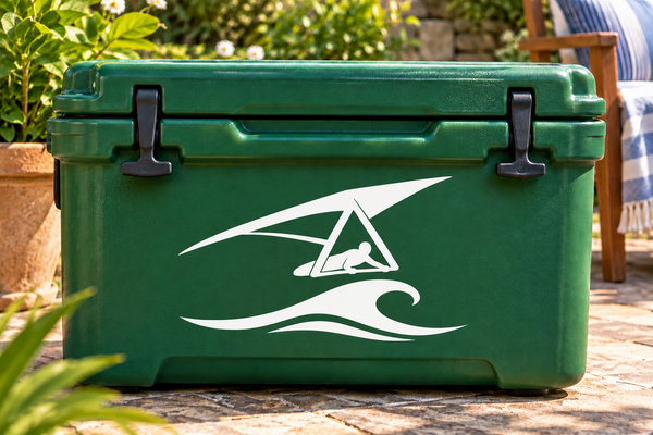 White hang gliding vinyl decal with waves on dark green surface
