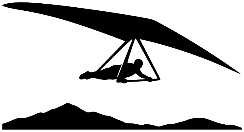 Black hang glider and mountain ridge vinyl decal graphic with large wing and pilot silhouette