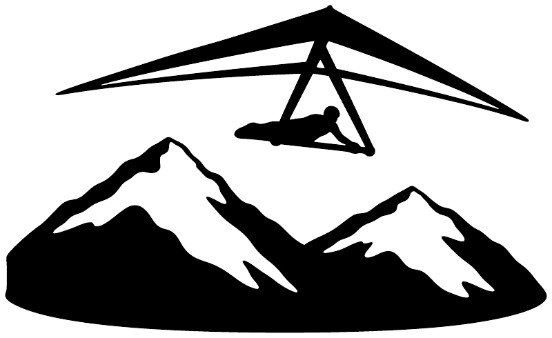 Hang gliding vinyl decal with black glider above mountain range silhouettes