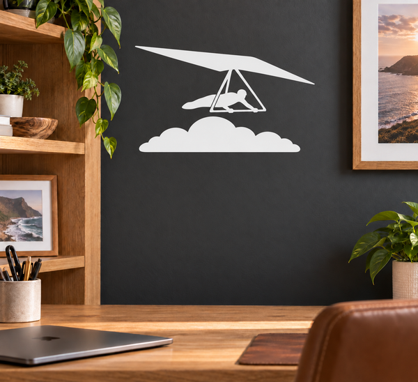 Hang gliding cloud vinyl decal with white glider over cloud shapes