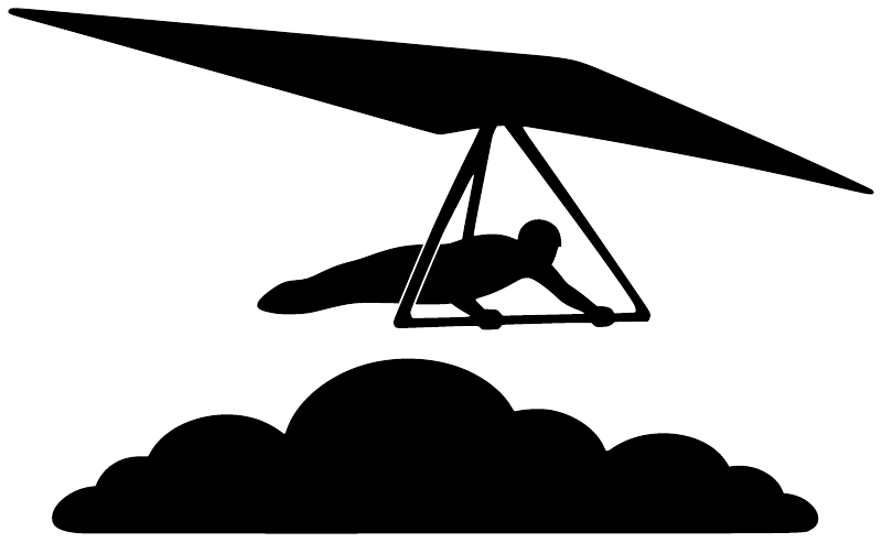 Hang gliding cloud vinyl decal with black glider over large cloud silhouettes
