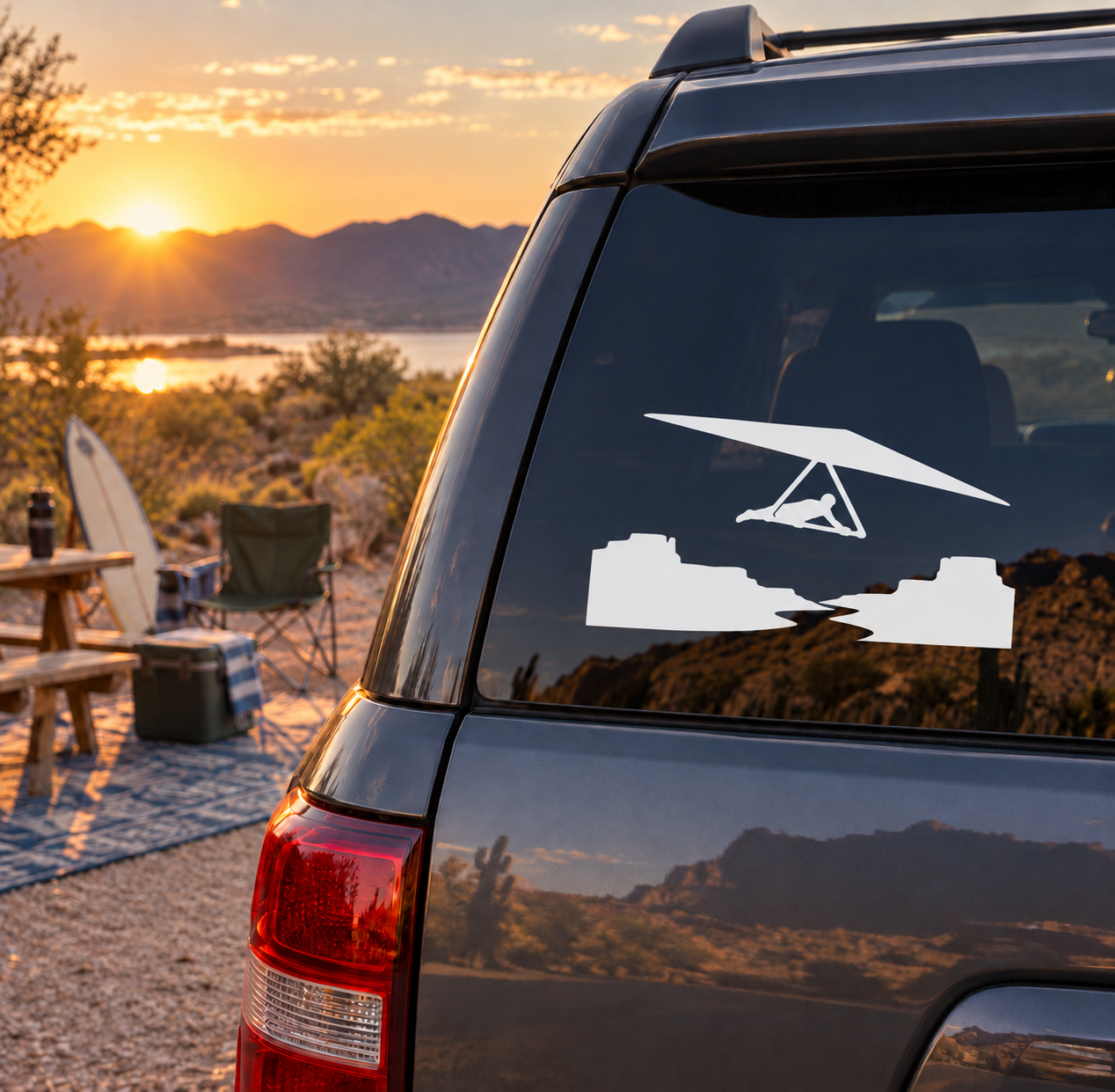 Hang gliding canyon air vinyl decal: hang glider over canyon landscape on car window